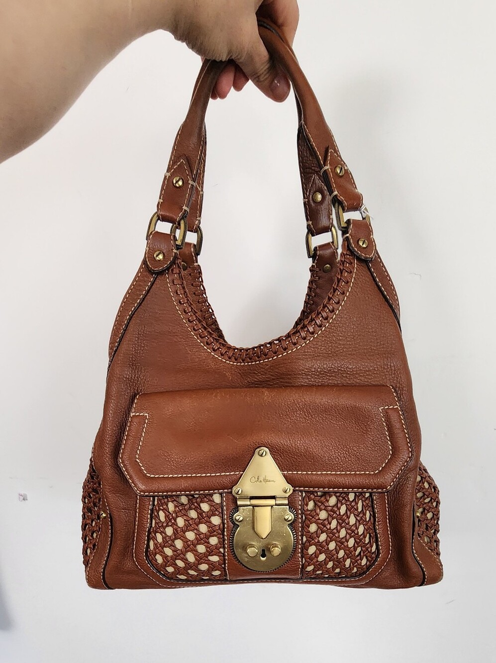 Woven Leather Hobo Bag - Brown
